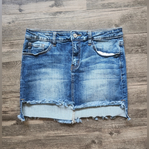 Kancan Medium Wash Denim Distressed Mini Skirt - Picture 1 of 4